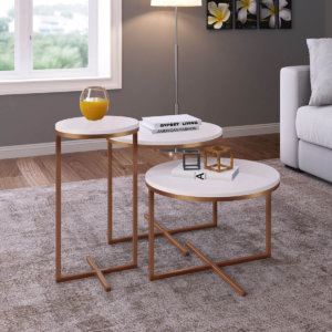 3-table set - white top and coppery legs on living room
