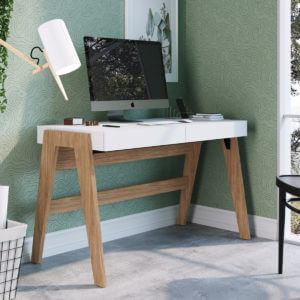 Contemporary 49" white and brown desk with 2 drawers made from MDP wood