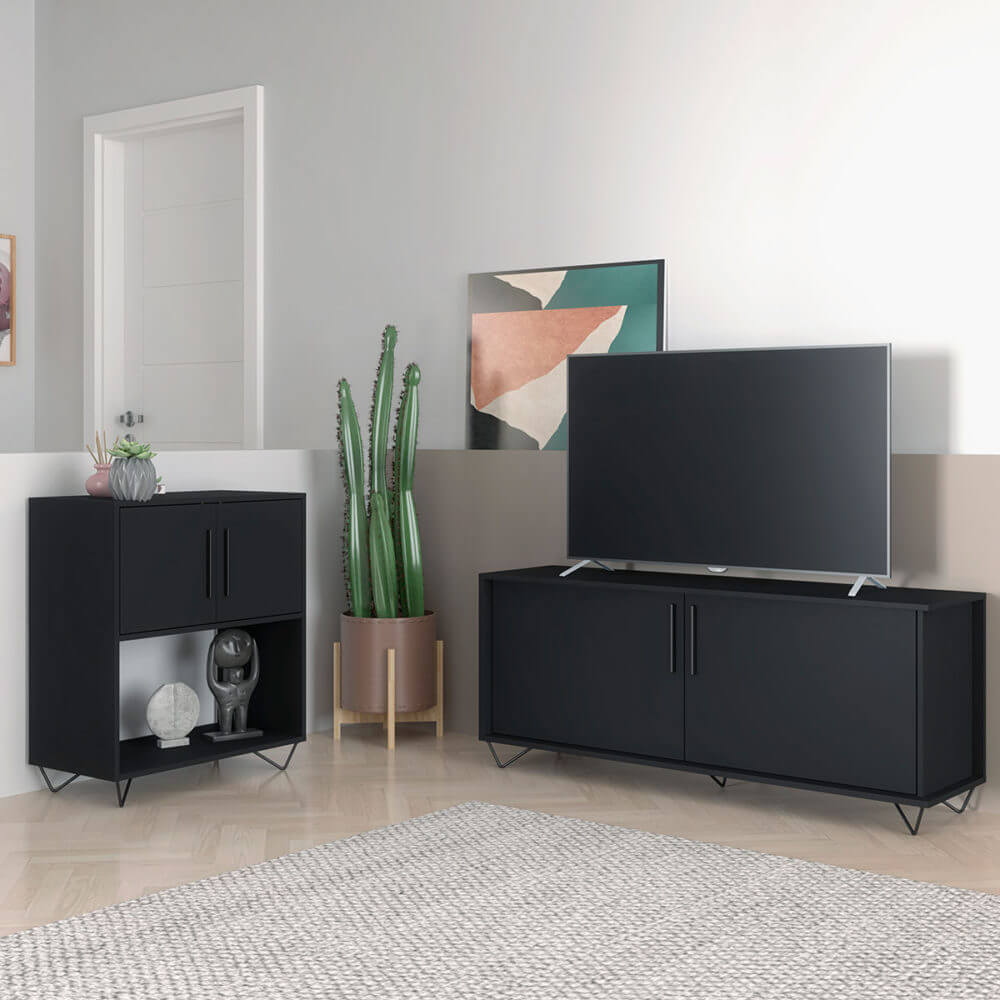 Modern Black TV Stand and Cabinet made from MDP wood and black steel modern legs