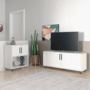 Modern White TV Stand and Cabinet made from MDP wood and black steel modern legs