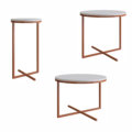 24821 sabina-table-set (2) Modern white 3 table set with steel coppery legs forming an X