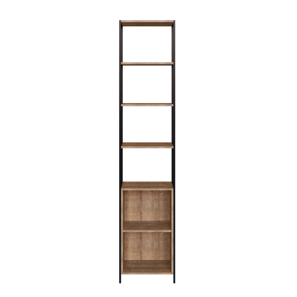 Industrial bookcase made of MDP Wood and black steel frame with 4 shelves and 1 closed storage area