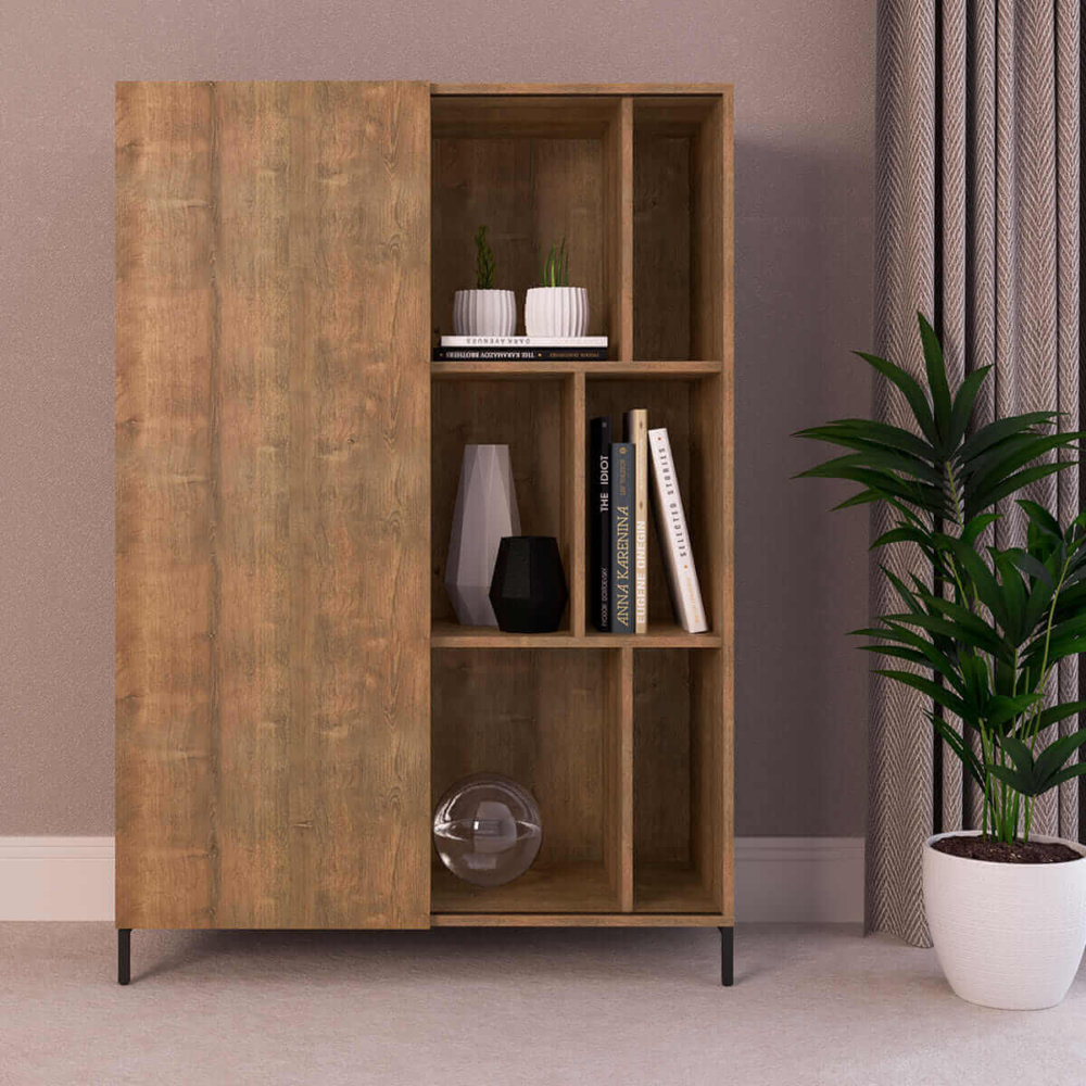 Large Cabinet or Bookcase Made of MDP Wood and black steel legs with non-symmetrical divisions and slide door