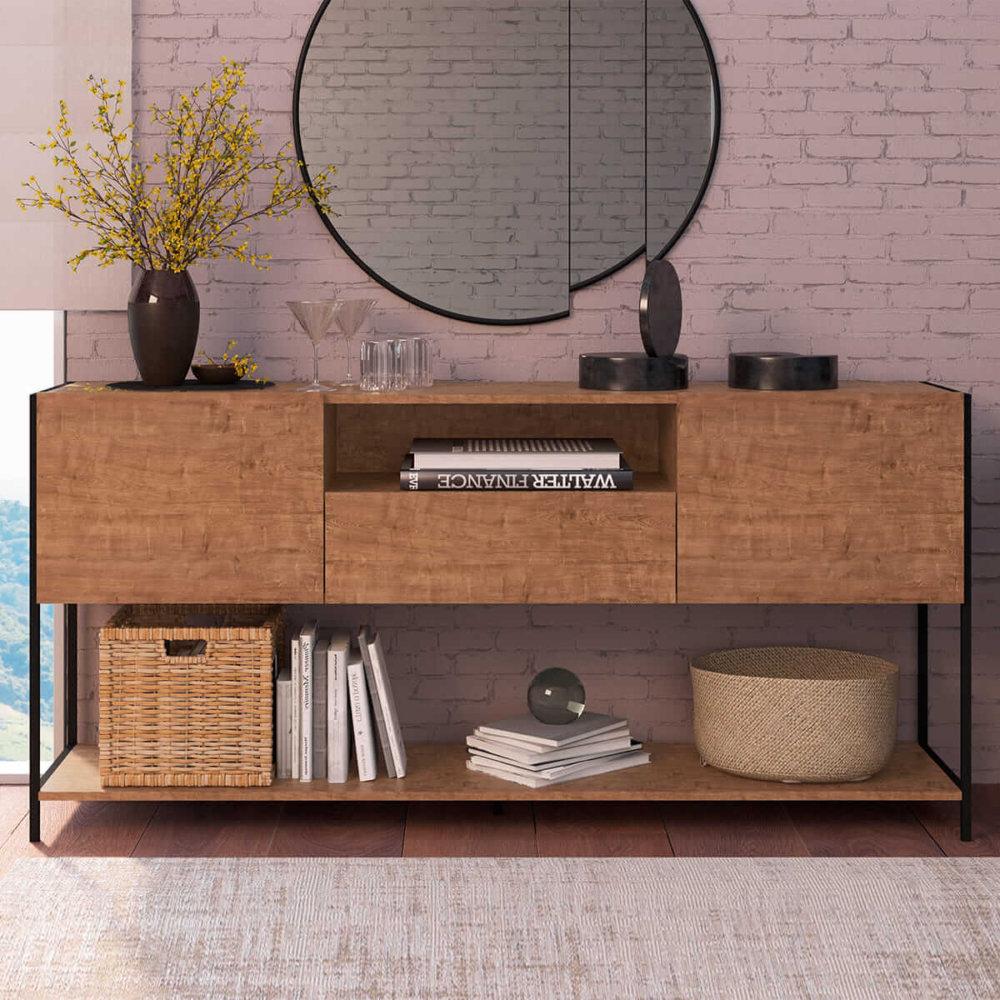 Industrial Style long Buffet with 2 closed storage spaces, 2 shelves and 1 drawer. Made of wood and black steel legs