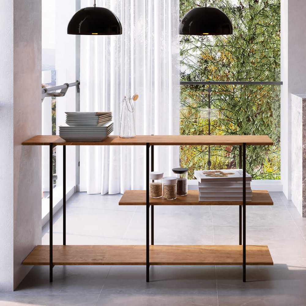 Industrial Style Console with 2 shelves. Made of wood and black steel legs