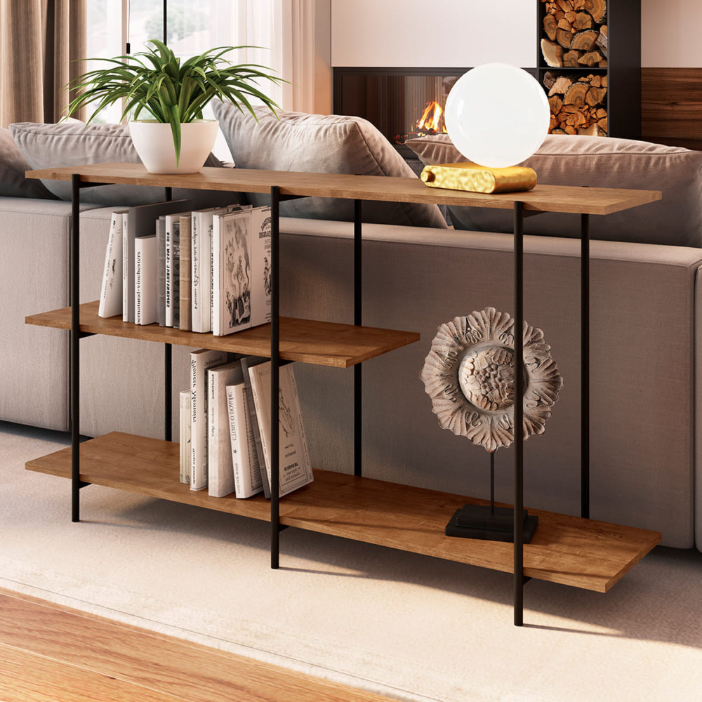 Industrial Style Console with 2 shelves. Made of wood and black steel legs