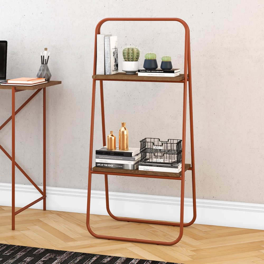 Industrial Ladder Style Decorative Organizer with 2 shelves. Made of Coppery steel pipe and wood