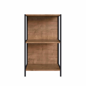 Small industrial style bookcase or end table with 2 shelves made from wood and black steel