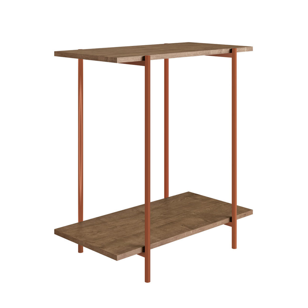 27869 Tristao Side Table-2 Industrial style side table with 1 shelf made from wood and coppery steel legs