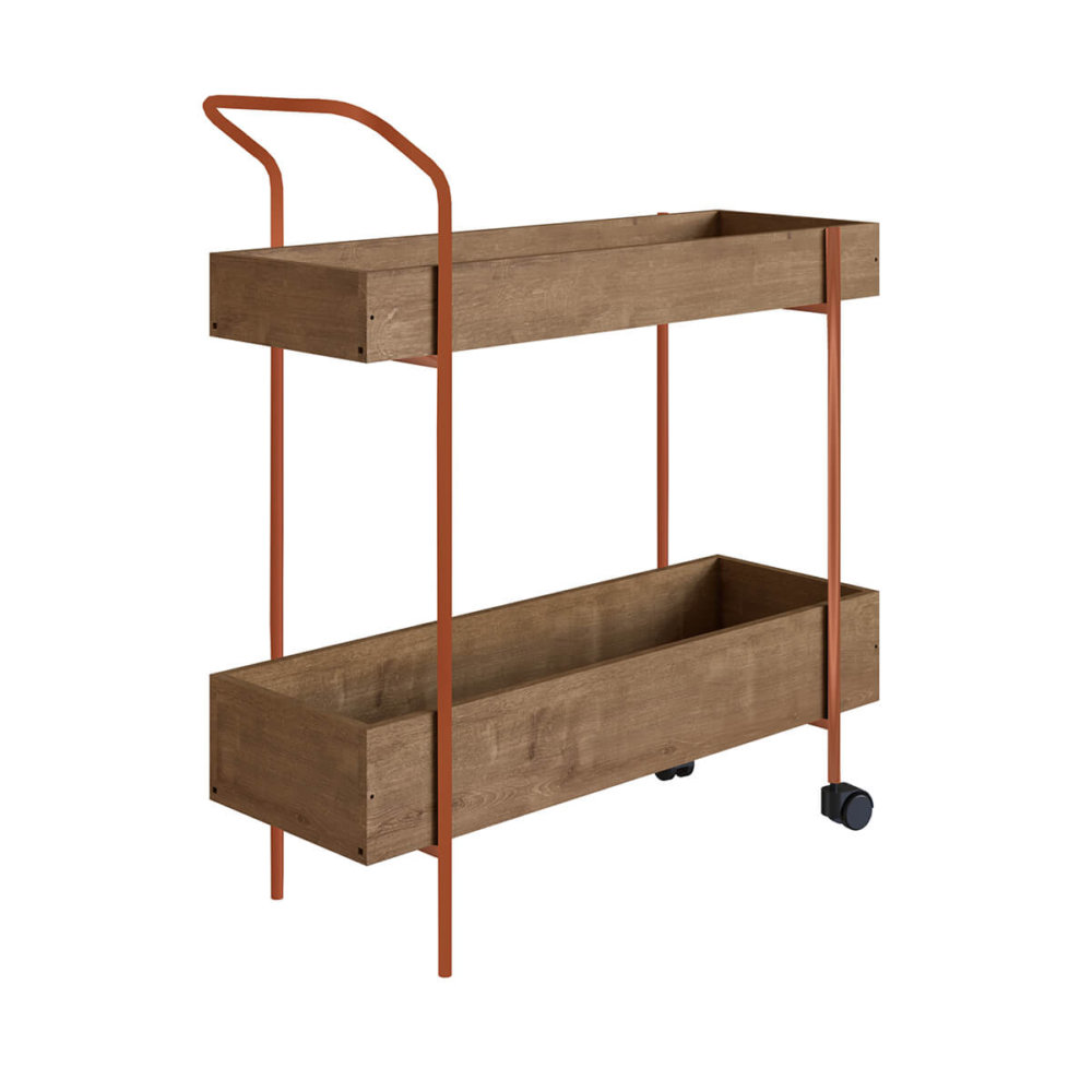 27871 Luiz Bar Cart-2 Industrial style bar cart made from wood and coppery steel legs with 2 shelves and 2 wheels