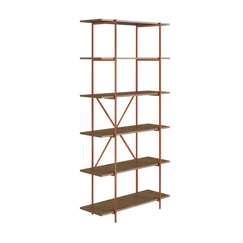 27875 Camilo Bookcase-2 Large industrial bookcase or kitchen shelves with 5 shelves made from wood and coppery steel frame
