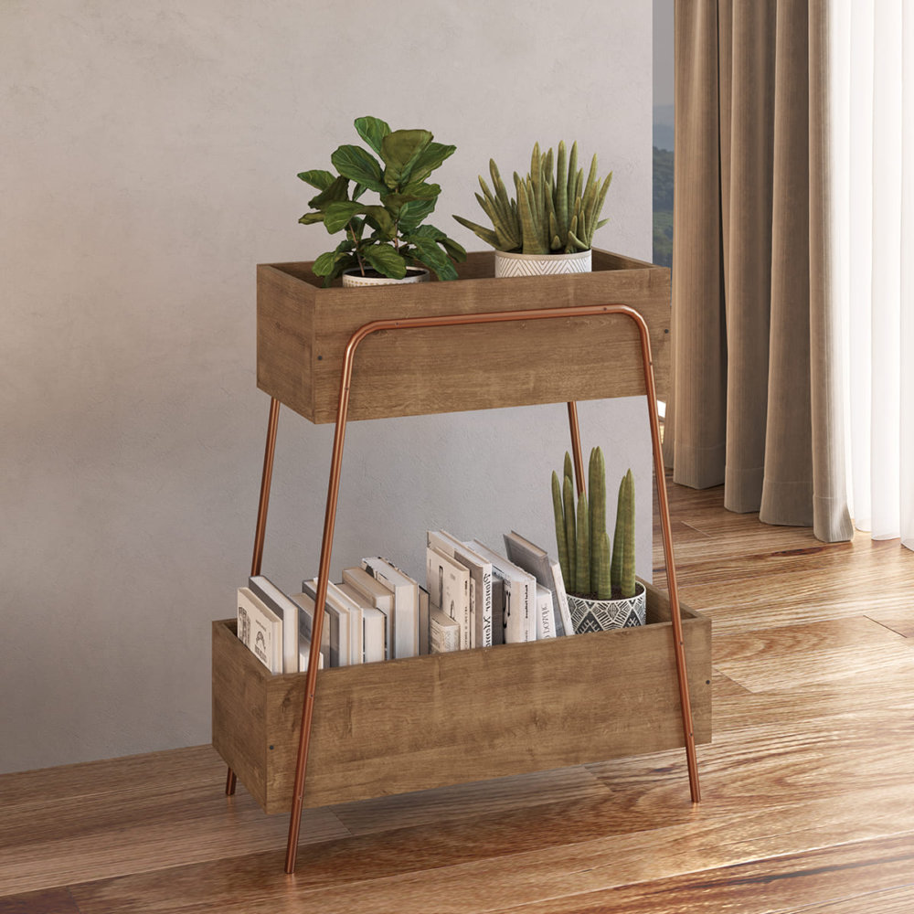 Industrial Style magazine rack or organizer with 2 boxes made from wood and coppery steel frame