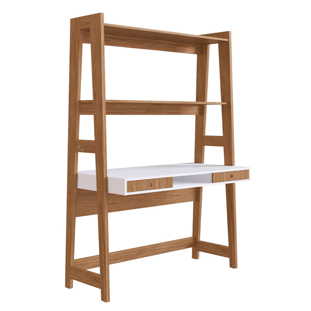 Modern White and Brown Wood Ladder Desk with shelves and 2 drawers open