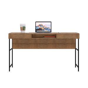 54" Industrial Desk made of wood and steel black legs with 2 drawers and 1 open storage area front view