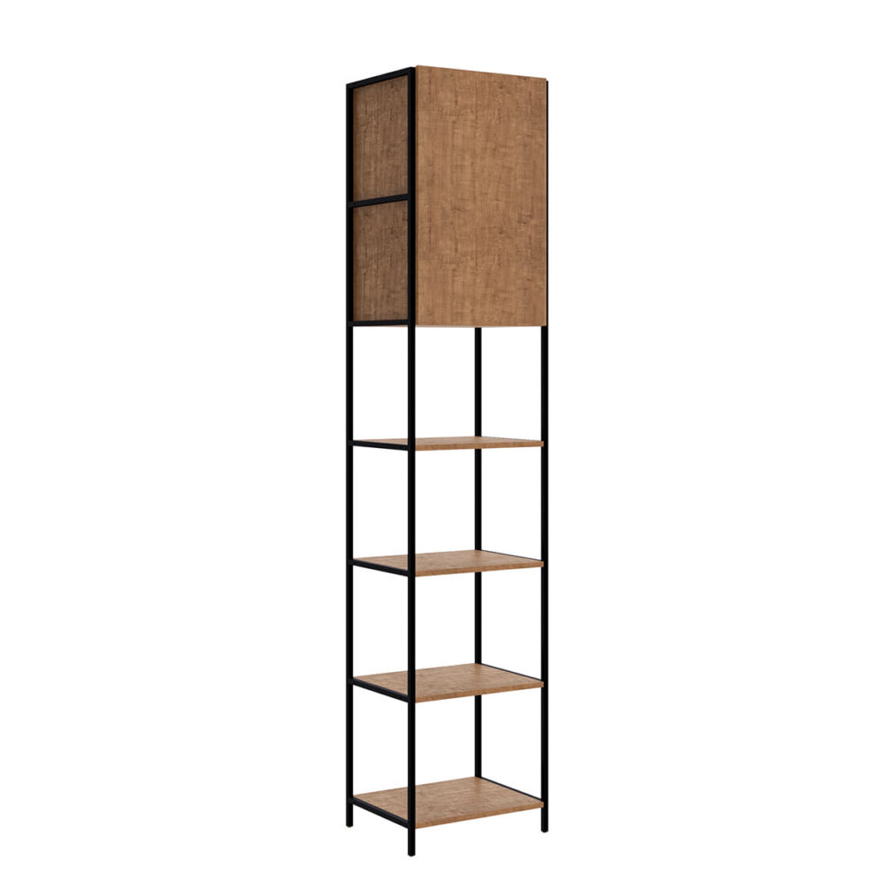 Industrial bookcase made of MDP Wood and black steel frame with 4 shelves and 1 closed storage area