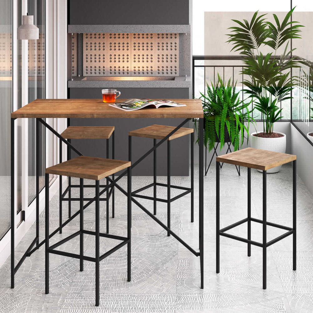 High industrial style bar stools and counter height table. Made of MDP Wood and black steel legs in a balcony