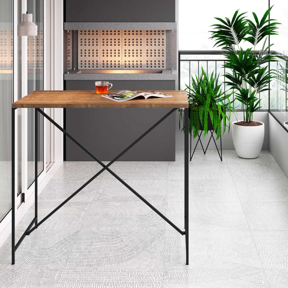 27817_ana_dining_table_01 Counter Height Industrial Table. MDP wood and black steel legs in a balcony