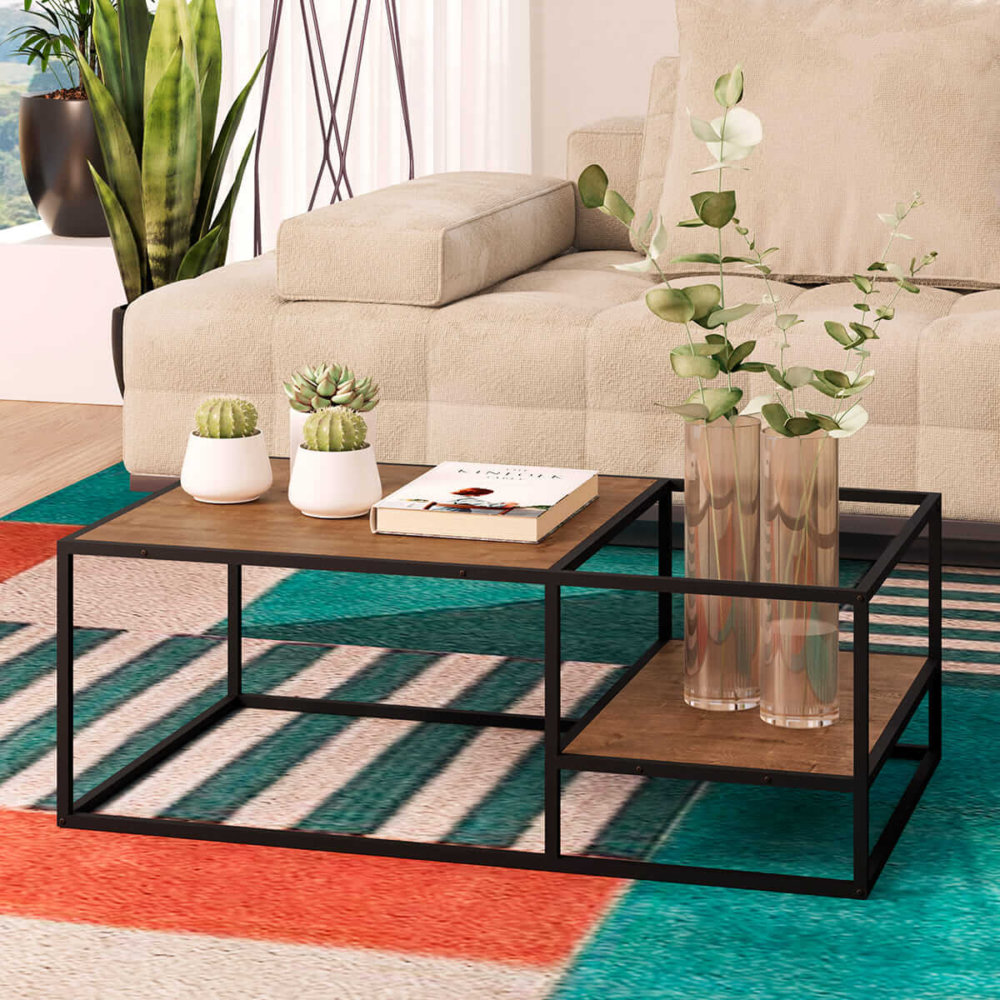 27854 Iris Coffee Table-1 Industrial Style Coffee table with different heights. Made of wood and black steel frame