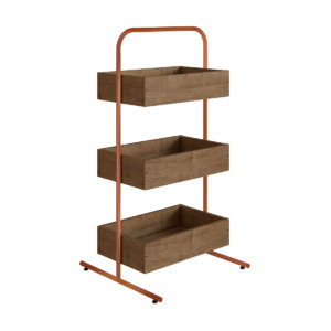Industrial style organizer with 3 boxes. Made of wood and coppery color pipe steel frame