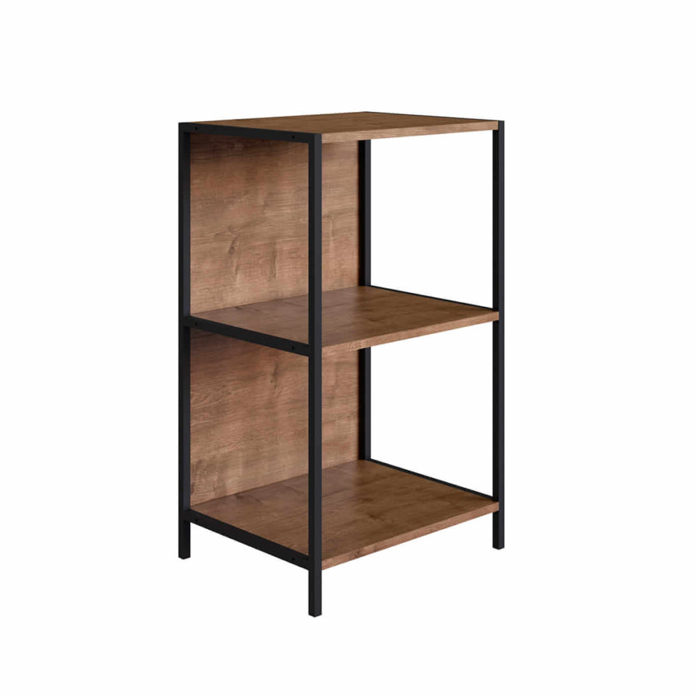 Small industrial style bookcase or end table with 2 shelves made from wood and black steel