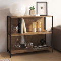 27868 Teresa Low Bookcase-1 Low industrial style bookcase with 2 shelves made from wood and black steel frame