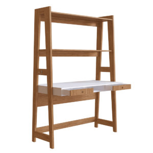 Modern White and Brown Wood Ladder Desk with shelves and 2 drawers